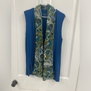LOGO by Lori Goldstein Women's L Blue Paisley Vest Sleeveless Cardigan